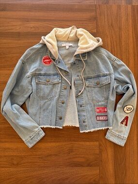 Light Blue Denim Hooded Varsity Jacket with Patches